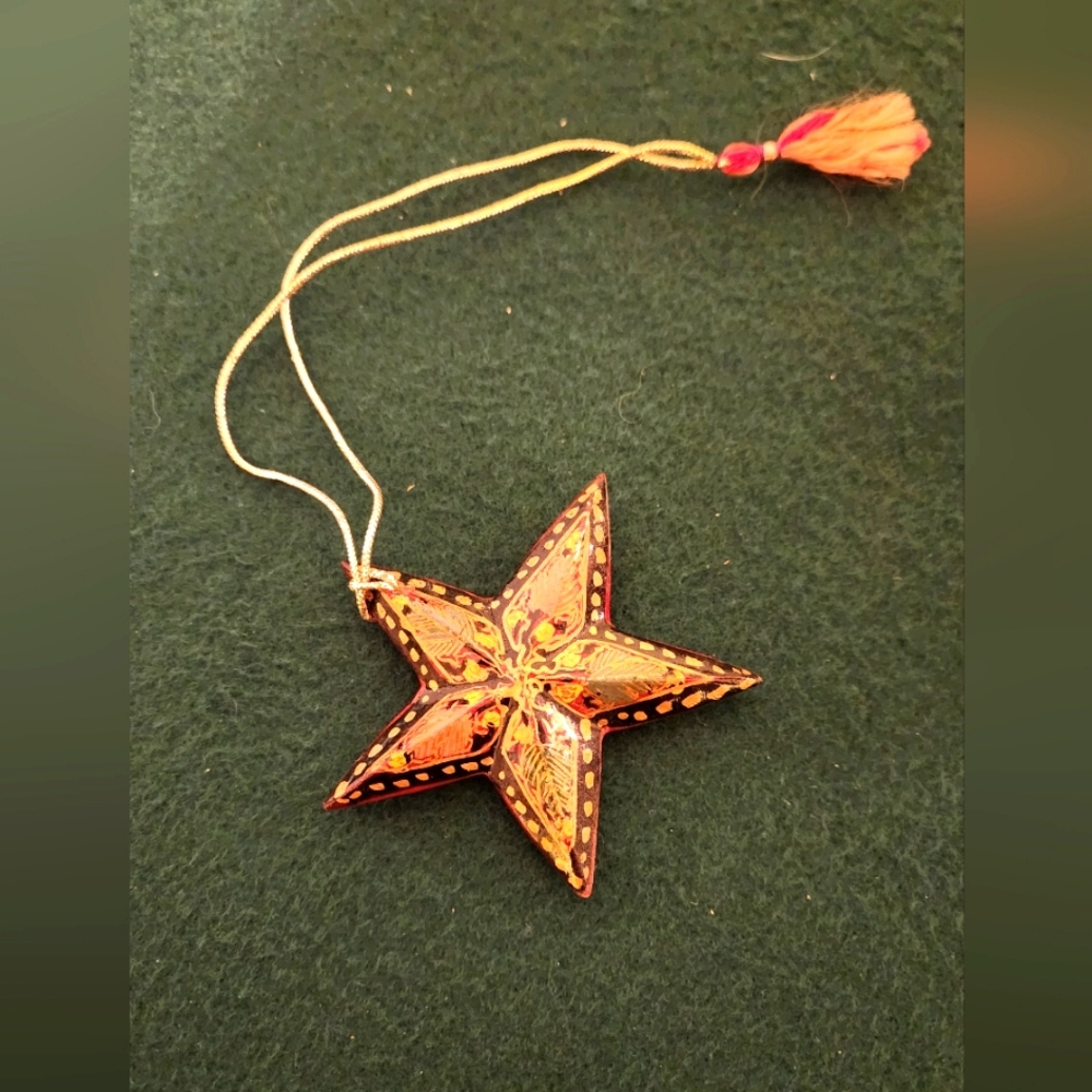 Vintage Russian Wood Star Ornament Handpainted Lacquer Vintage